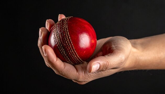 A detailed close-up of a player's hand firmly holding a new red leather cricket ball against a dark, isolated background