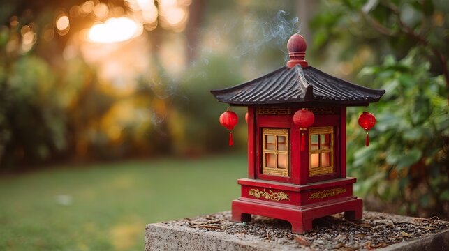 Red Asian lantern with smoking incense sits on stone in a garden at golden hour - Powered by Adobe