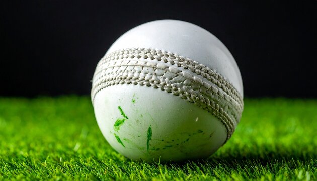 A detailed close-up of a white leather cricket ball with a stitched seam resting on a vibrant green sports pitch against a dark background - Powered by Adobe