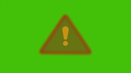 Warning alert triangle animation on green screen background, glowing caution symbol with exclamation mark, safety hazard sign flashing motion graphic