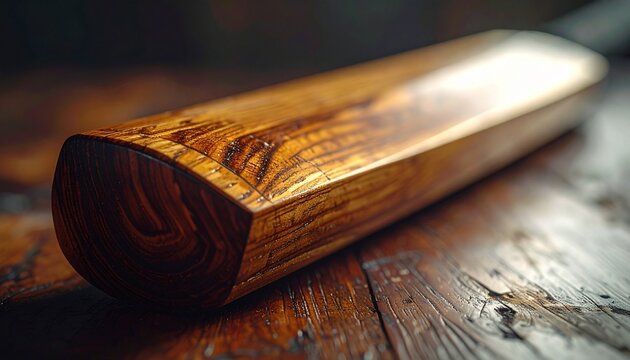 Close-up of a wooden cricket bat, showing the grain and texture, on a wooden surface