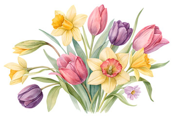 Naklejka premium Flower watercolor bouquet of spring daffodils and tulips. Isolated PNG.