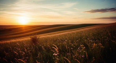 Serene sunset painting golden hues across rolling hills and wildflower meadow