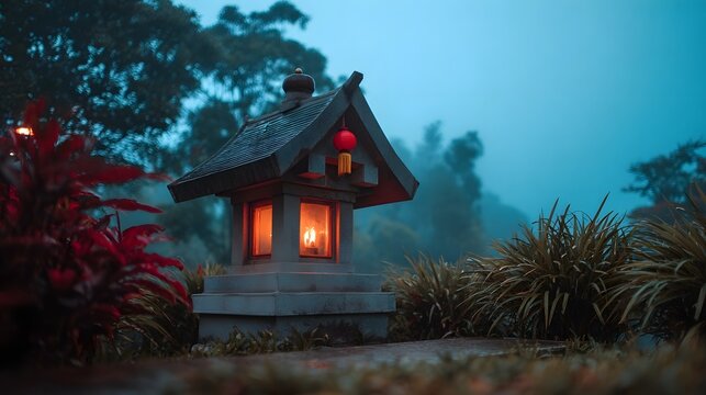 A traditional stone lantern glows with candlelight amidst a misty garden at twilight creating a serene and mysterious atmosphere - Powered by Adobe