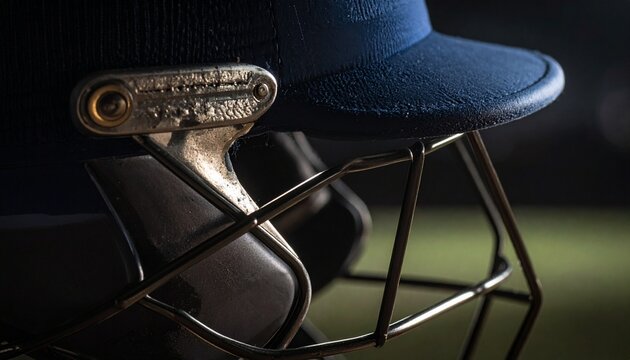 Close-up of a blue cricket helmet's protective grille, ready for a match