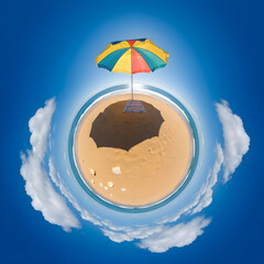 Tiny planet summer beach landscape with umbrella