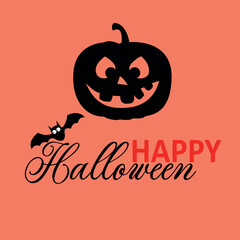 Halloween greeting illustration with a black jack-o'-lantern, a flying bat, and the text "Happy Halloween" on an orange background. Festive design for Halloween celebration, autumn holiday, and season