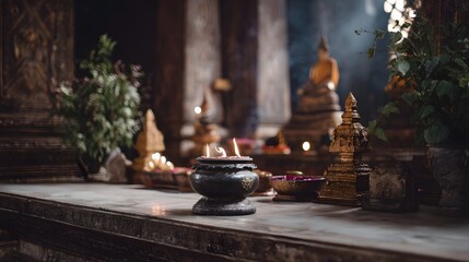 Sacred altar with burning incense golden statues and offerings in a dimly lit temple