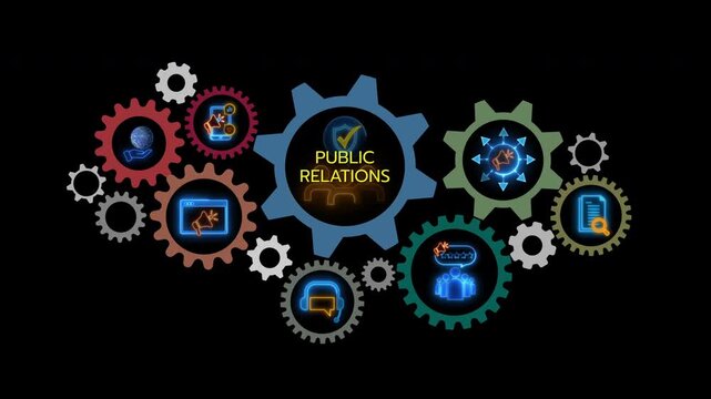 Glowing neon line banner of PUBLIC RELATIONS concept with icons of internet, social media, TV, communication, customer, journal and event isolated on black background.