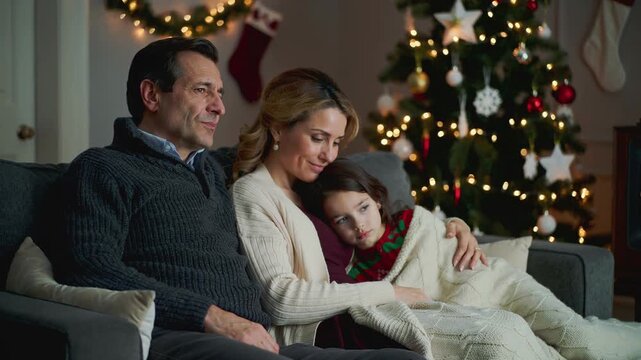Family enjoying cozy christmas eve by the tree in a warm embrace