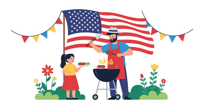 Father and daughter enjoy a Fourth of July barbecue with an American flag in the background.