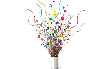 Minimalist party popper design that emits a spray of confetti and serpentine