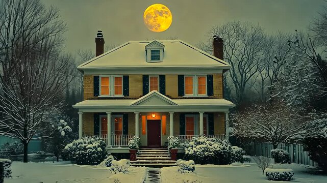 Quaint Two story House in Winter Under a Bright Full Moon