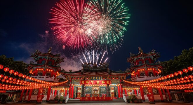 Spectacular Lunar New Year fireworks display over a traditional chinese temple - Powered by Adobe