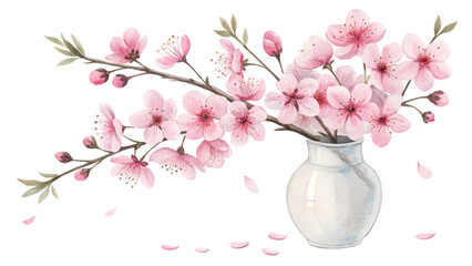 Cherry blossom branch in vase watercolor illustration. Flowers PNG.