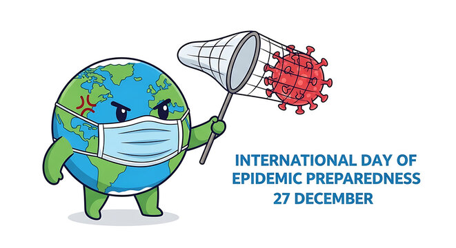 Cartoon earth wearing mask catches virus with net for epidemic preparedness day