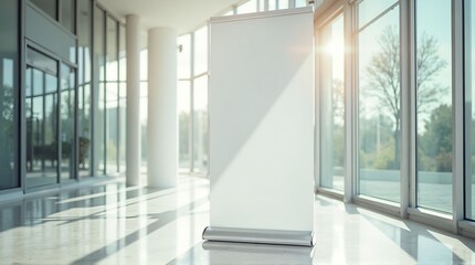 Obraz premium Blank white rollup banner in a modern office lobby with large windows and bright sunlight