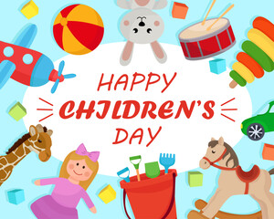 Vibrant happy children's day card with colorful toys rocking horse ball rabbit plush doll plane car
