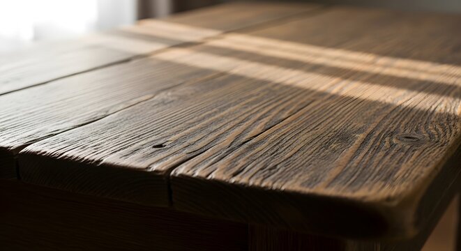 Closeup of a rustic, dark wooden table surface illuminated by dramatic stripes of sunlight casting shadows across the textured grain