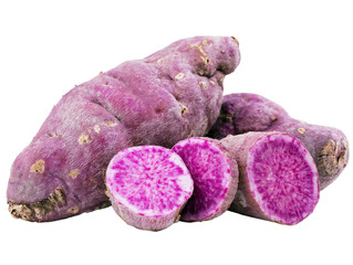 Fresh purple sweet potatoes or yams showing vibrant magenta flesh when cut, highlighting unique color and nutritional qualities of this antioxidant-rich root vegetable