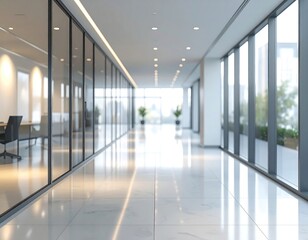 Bright corridor with glass offices, shiny tile floors
