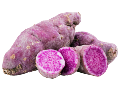 Fresh purple sweet potatoes or yams showing vibrant magenta flesh when cut, highlighting unique color and nutritional qualities of this antioxidant-rich root vegetable