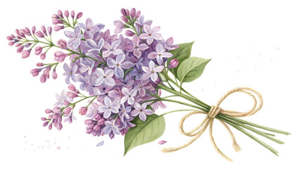 Lilac flower bouquet with twine bow. Isolated PNG.