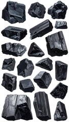Black, shiny, crystalline mineral specimens