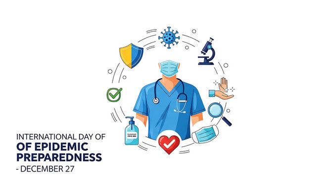 International day of epidemic preparedness doctor surrounded by medical symbols and virus illustration