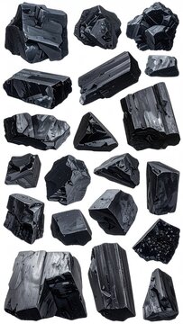 Black, shiny, crystalline mineral specimens