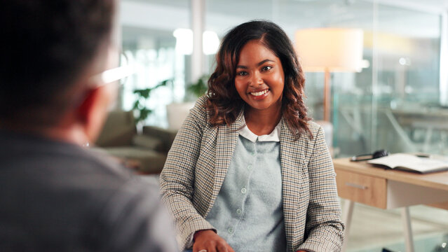 Happy woman, meeting and interview with intern for recruiting or job opportunity in office. Female person, employer or discussion with candidate for company growth, talent or hiring in workplace