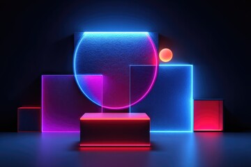 Abstract figures on a black background. 3d podiums made of a circle, a square of different colors in neon light. Product presentation concept