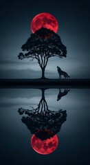 Alone sigma wolf and red blood moon in mid night forest 4k mobile  wallpaper 