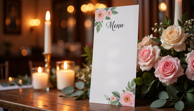 Elegant menu card with floral design and candles on wooden table - Powered by Adobe