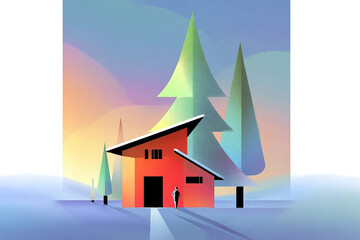 Vector illustration of a minimalist winter landscape featuring a modern red house or cabin surrounded by tall, stylized pine trees covered in snow.