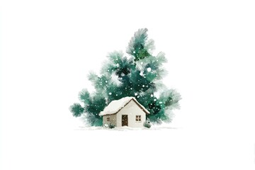 Watercolor winter landscape on a white isolated background. Small house and a snow-covered green Christmas tree. Concept of a greeting card. Winter decoration.
