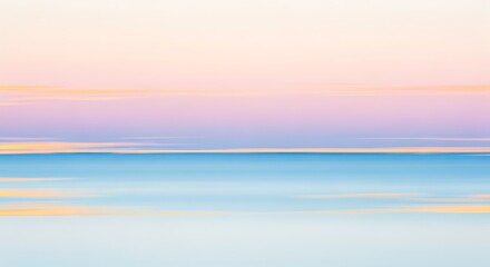 Ethereal pastel horizon with soft blue ocean and sky, subtle pink, purple, and orange streaks, abstract tranquil seascape background art