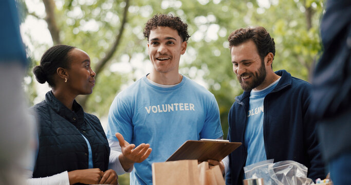 Happy people, clipboard and volunteer with team for food donation, charity or community service. Group, NGO or society with smile for global outreach, poverty or economic stability in outdoor park - Powered by Adobe