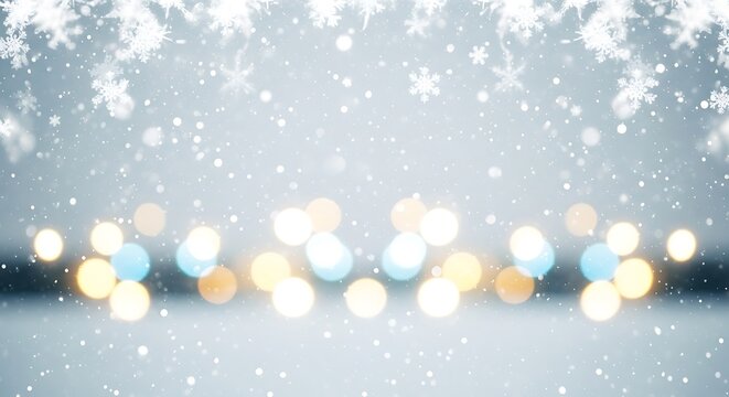 Winter holiday background with falling snow and glowing bokeh lights. festive season backdrop, cool blue and warm yellow christmas illumination effect.