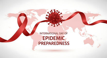 World map with red ribbon and virus symbol for international epidemic preparedness day