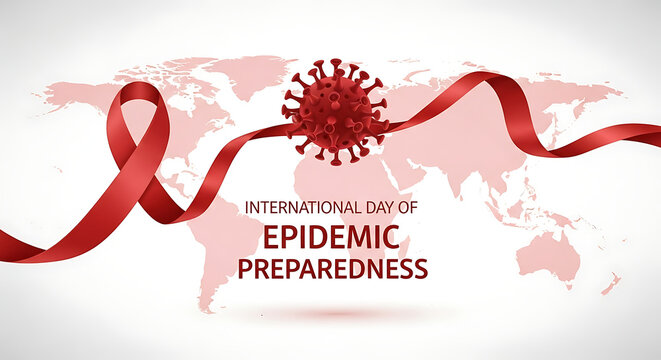 World map with red ribbon and virus symbol for international epidemic preparedness day