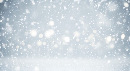 Fototapeta premium Falling snowflakes and shimmering bokeh lights create a magical winter wonderland scene on a frosty light blue studio background perfect for holidays