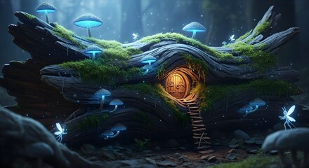Enchanted forest scene featuring a mosscovered fallen log with a glowing fairy door, surrounded by bioluminescent blue mushrooms and fireflies