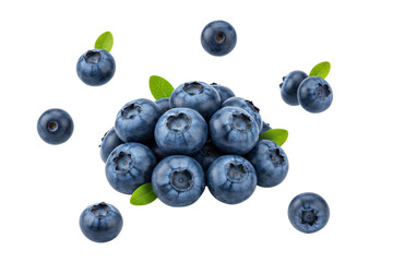 Fresh blueberries with green leaves floating against a black background