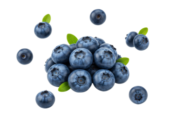 Fresh blueberries with green leaves floating against a black background