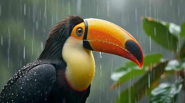 Close up of a Toucan in the Rain with Water Droplets on Its Feathers and Beak