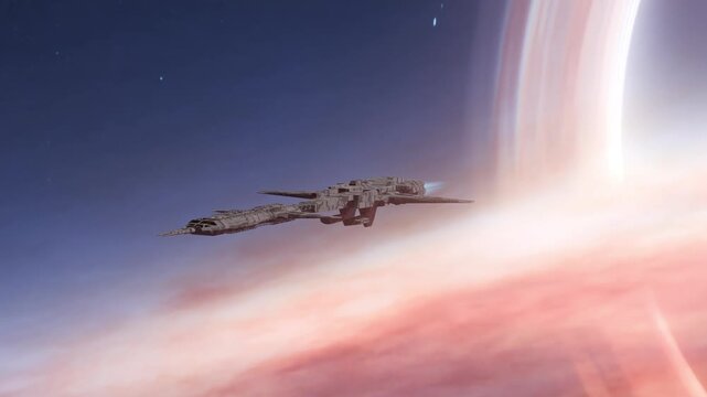 A spaceship travels through a surreal, colorful cosmic landscape with a gradient of blue and pink hues, evoking a sense of interstellar adventure and science fiction wonder.