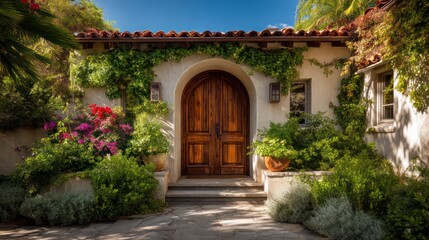 A home entrance a large arched wooden door with a lush garden of flowering plants and creeping vines