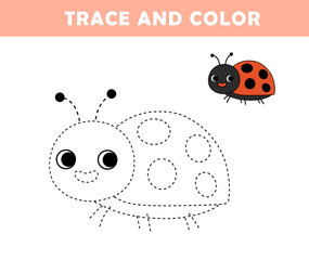 Trace and color for children. Handwriting practice. Coloring page for kids. Preschool worksheet with cute ladybird illustration. 	