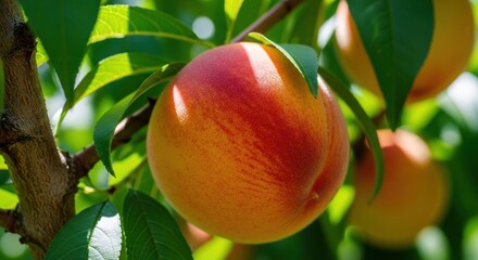 Vibrant close-up of a ripe peach on its branch, amidst fresh green foliage under soft sunlight